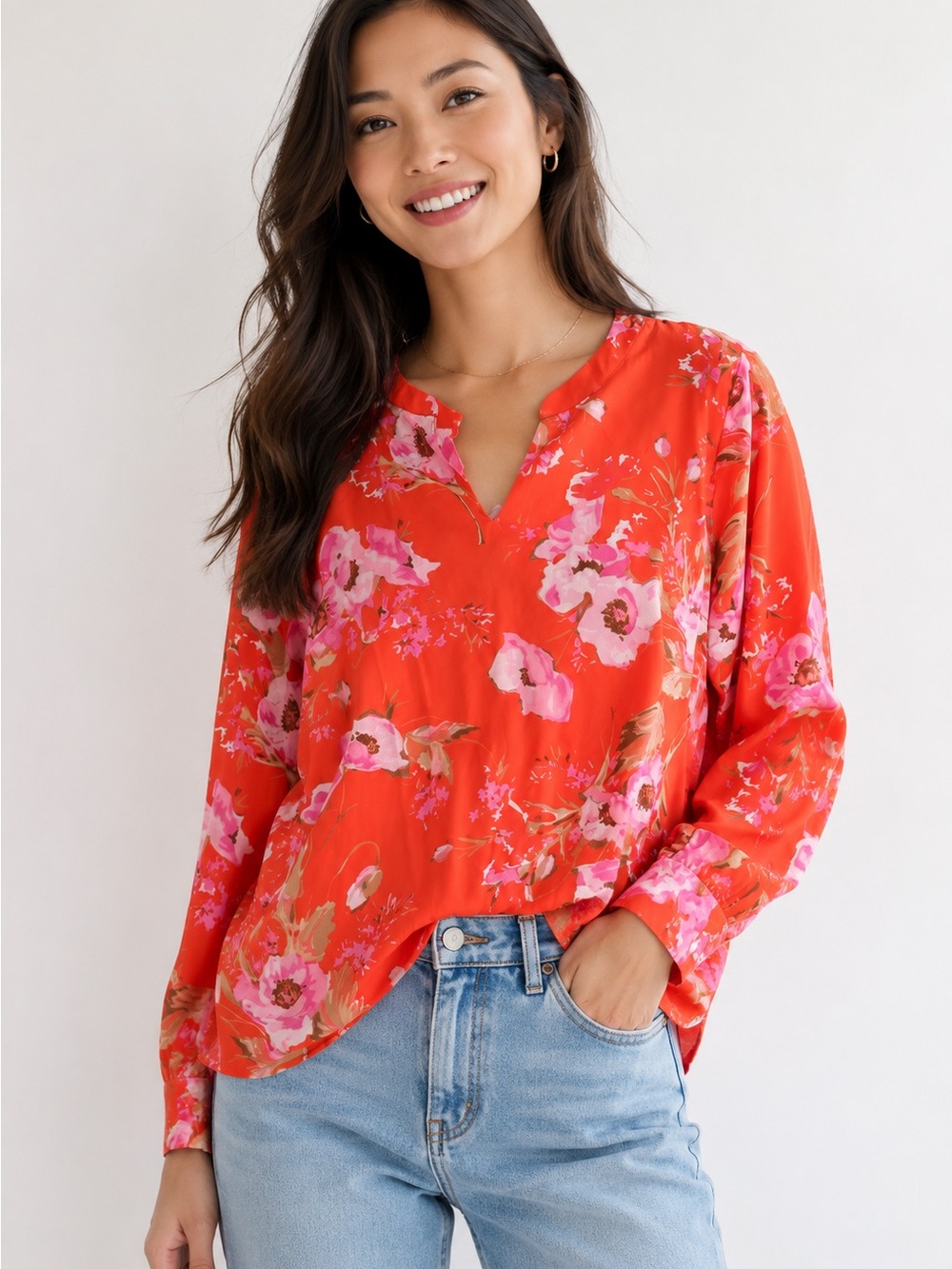 Talbots Coral-Red Floral Split V-Neck Blouse L